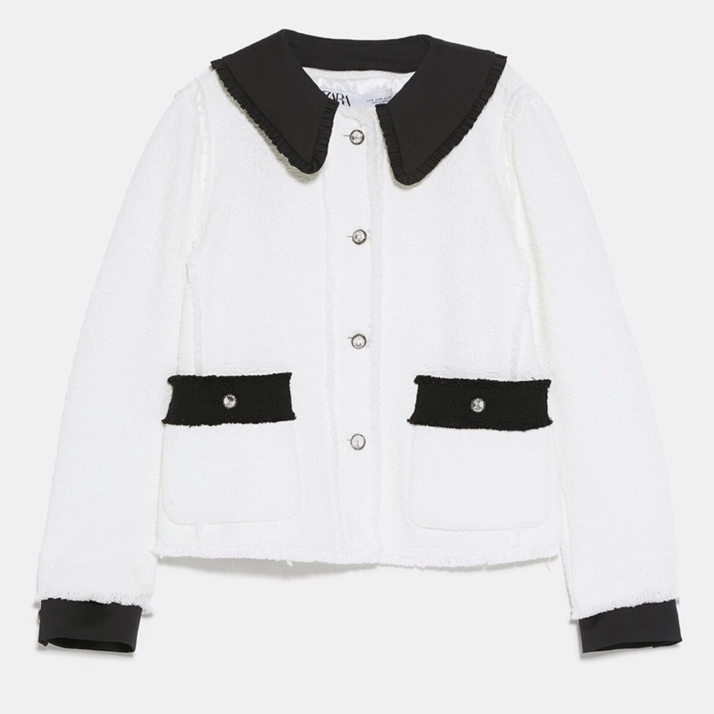 ZARA Tweed boucle - ish weave black white Jacket jewel Buttons PERFECT condition